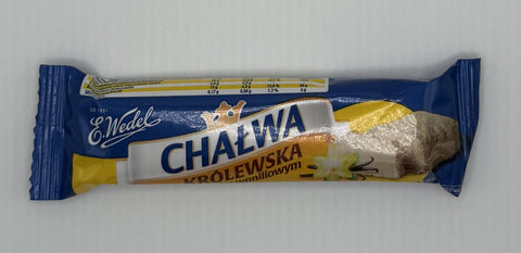 “Wedel Chałwa Królewska Waniliowa bar – Polish vanilla sesame halva in blue and yellow packaging”