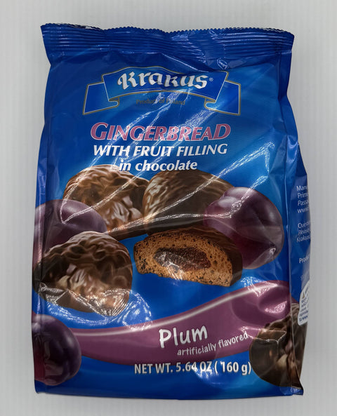 Krakus Polish gingerbread cookies with plum fruit filling in chocolate – front packaging.