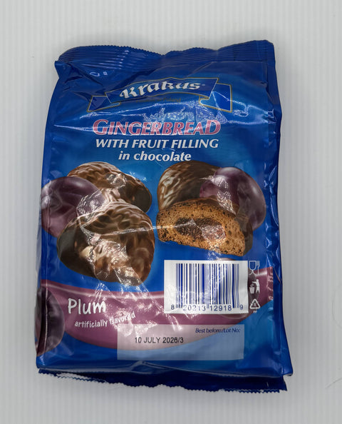 Krakus Pierniki Śliwkowe – Polish chocolate-covered gingerbread with plum filling, 160g bag.