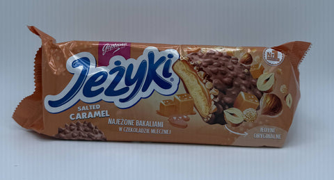 Front of Jeżyki Słony Karmel (Salted Caramel) Polish cookies package showing chocolate-covered biscuits with nuts and caramel.