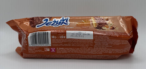 Back of Jeżyki Słony Karmel Polish cookie package with nutritional information, barcode, and product details.