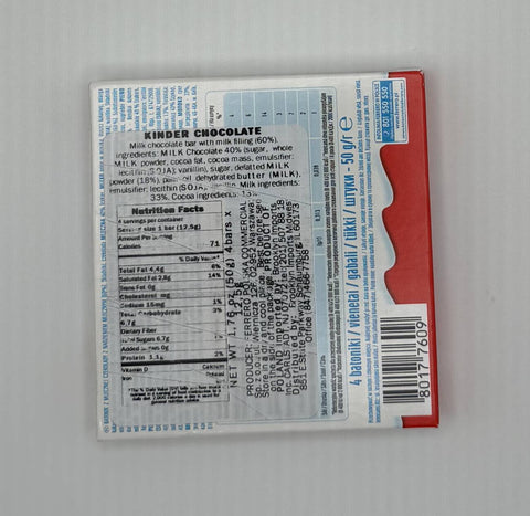 Back of Kinder Czekolada packaging with nutrition facts and ingredient details
