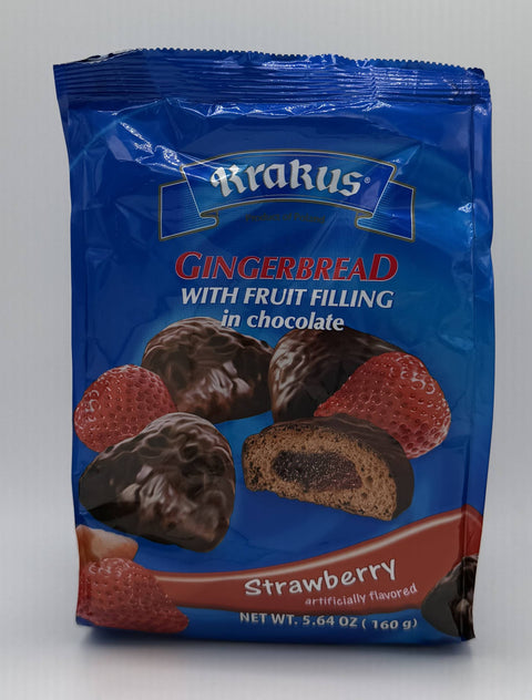 Front of Krakus Strawberry-Filled Gingerbread in Chocolate bag showing chocolate-coated gingerbread pieces and strawberries.