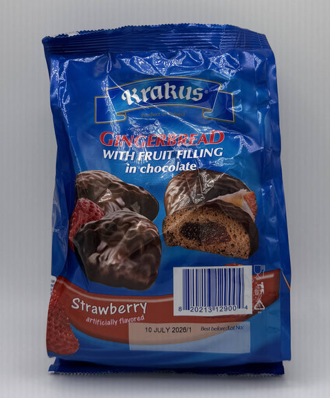 Krakus Strawberry Gingerbread cookies bag with chocolate-covered gingerbread and strawberry filling imagery.
