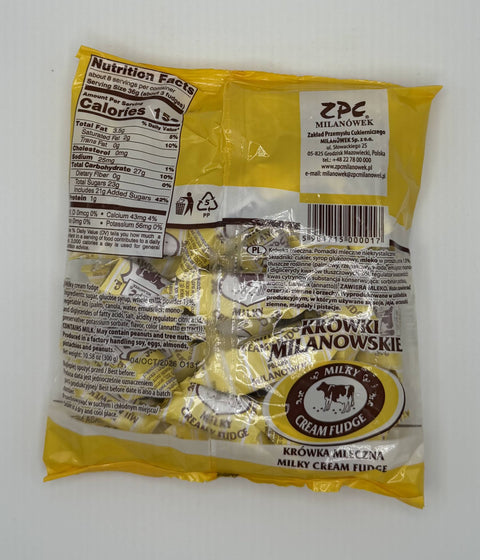 Back label of ZPC Milanówek Krówka Mleczna milk cream fudge with ingredients and nutrition information.
