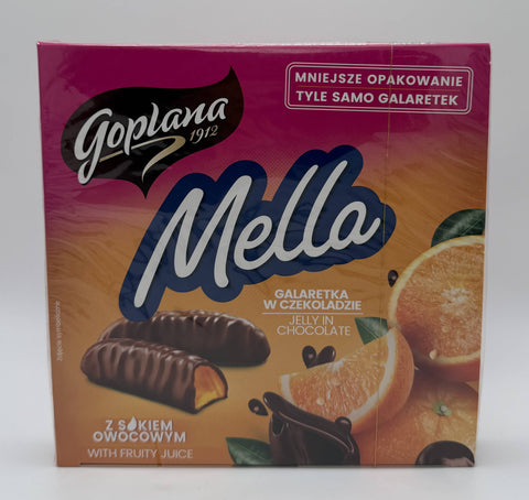 Front of Goplana Mella Pomarańczowa box – Polish chocolate-covered orange jelly candy