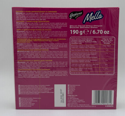 Back of Goplana Mella Pomarańczowa packaging with ingredients and nutrition