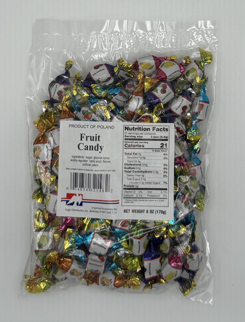 Bag of assorted Polish fruit candies — Mini Bonbonki Owocowe in colorful foil wrappers