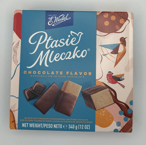 E. Wedel Ptasie Mleczko Chocolate Flavor box – chocolate-flavored marshmallows coated in dark chocolate.