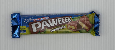 Front of E.Wedel Pawełek Gruszka chocolate bar in blue and green wrapper