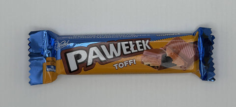 E. Wedel Pawełek Toffi Polish chocolate bar front packaging with toffee filling illustration.
