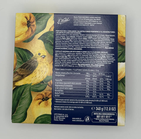 E. Wedel Ptasie Mleczko Pigwa box – chocolate marshmallows with quince jelly in dark chocolate.