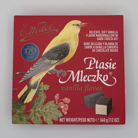E. Wedel Ptasie Mleczko Vanilla – Polish vanilla marshmallow in dark chocolate box front