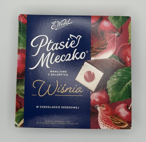 E.Wedel Ptasie Mleczko Wiśnia front – vanilla marshmallows with cherry jelly center coated in dark chocolate, 340g box