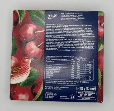E.Wedel Ptasie Mleczko Wiśnia back – nutrition facts and ingredients panel, 340g box