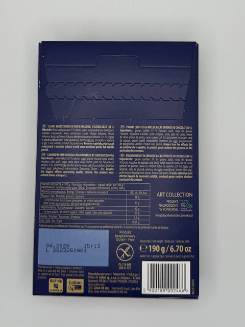 Front of Solidarność Śliwka Nałęczowska box featuring chocolate-covered plums and festive design, 190g.