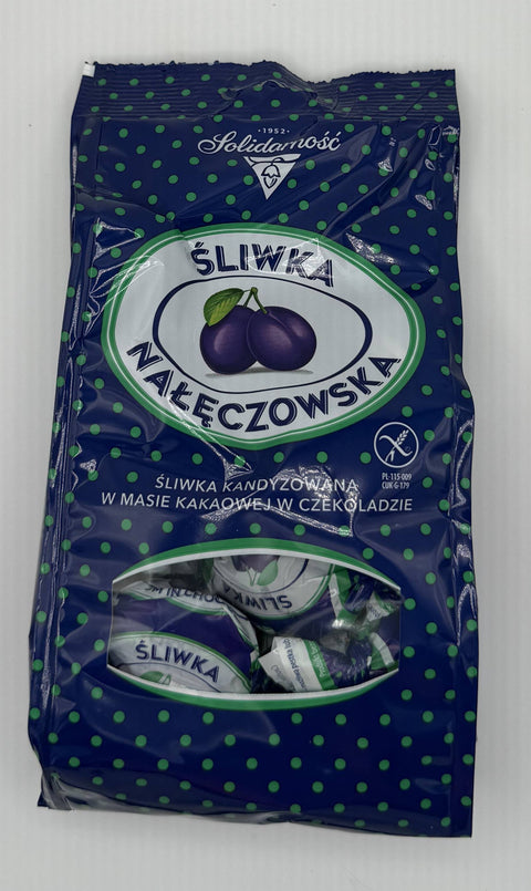 Solidarność Śliwka Nałęczowska chocolate-covered candied plums 350g bag – back of packaging.