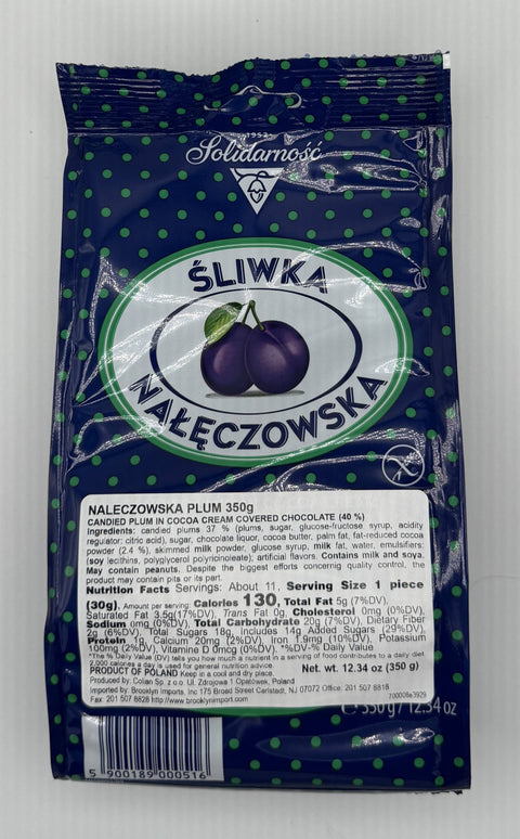 Solidarność Śliwka Nałęczowska chocolate-covered candied plums 350g bag – front of packaging.