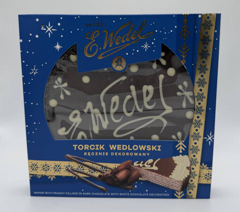 E.Wedel Torcik Wedlowski – hand-decorated Polish chocolate wafer cake with peanut filling, authentic Polish dessert imported from Poland.”