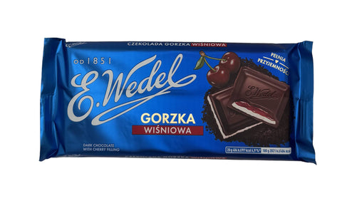 E. Wedel Gorzka Wiśniowa dark chocolate bar with cherry filling in blue packaging.