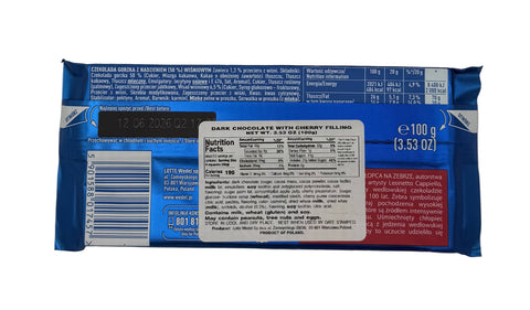 Back of E. Wedel Gorzka Wiśniowa dark chocolate bar showing ingredients, nutrition facts, and product label.