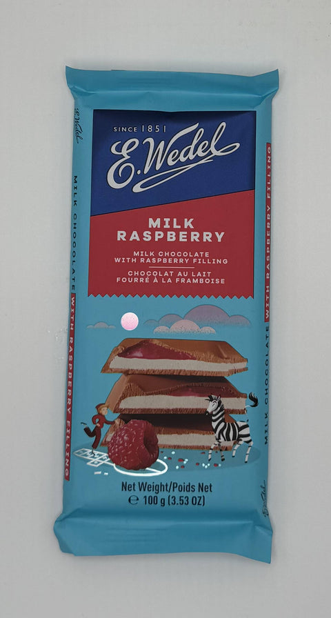 “E. Wedel Milk Raspberry chocolate bar – Polish milk chocolate with raspberry filling, 100g front packaging.