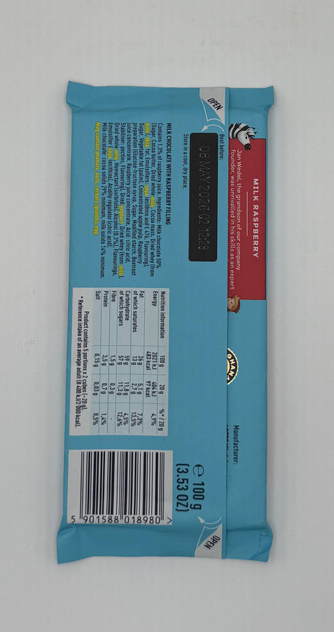 Back of E. Wedel Milk Raspberry chocolate bar showing nutrition facts, ingredients, and manufacturer details.