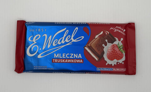 E.Wedel Mleczna Truskawkowa milk chocolate bar with strawberry filling – Polish chocolate front packaging