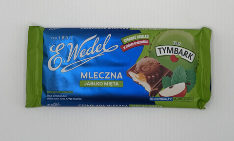 Front of E.Wedel Mleczna Jabłko Mięta milk chocolate bar with apple and mint filling, limited edition Tymbark collaboration.
