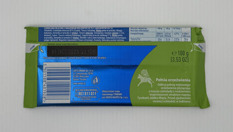 Back of E.Wedel Mleczna Jabłko Mięta chocolate bar showing ingredients, nutrition info, and packaging details.