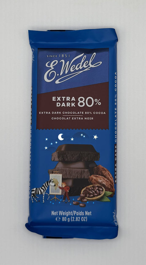 E.Wedel Extra Dark 80% Polish Chocolate Bar – front packaging with cocoa illustration.