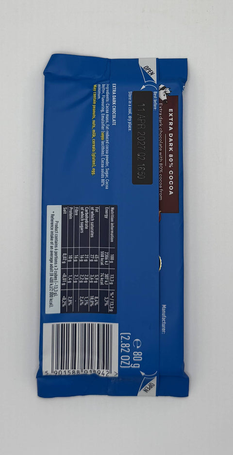 E.Wedel Extra Dark 80% Polish Chocolate Bar – back packaging with ingredients and nutrition label.”