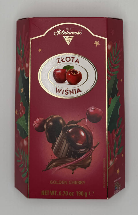 Solidarność Złota Wiśnia Golden Cherry chocolates in festive red box with cherry-filled dark chocolates