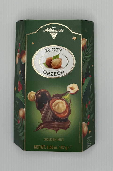 Solidarność Złoty Orzech Golden Nut Polish chocolate pralines box – front packaging with hazelnut-filled chocolates.