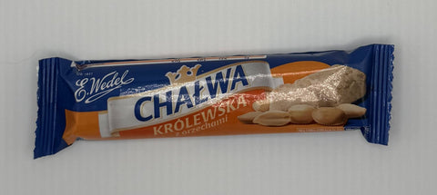 E.Wedel Chałwa Królewska z Orzechami bar in blue and orange packaging, showing an image of halva and peanuts.