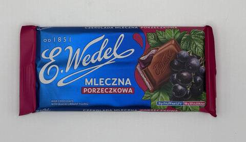 Front of E.Wedel Mleczna Porzeczkowa milk chocolate bar with blackcurrant filling, 100g — Polish chocolate